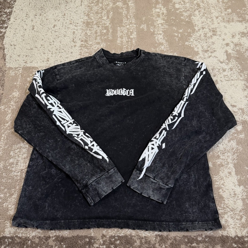 YoungLA 8021 Men M Black Mineral Wash Long Sleeve Shirt Distressed Streetwear